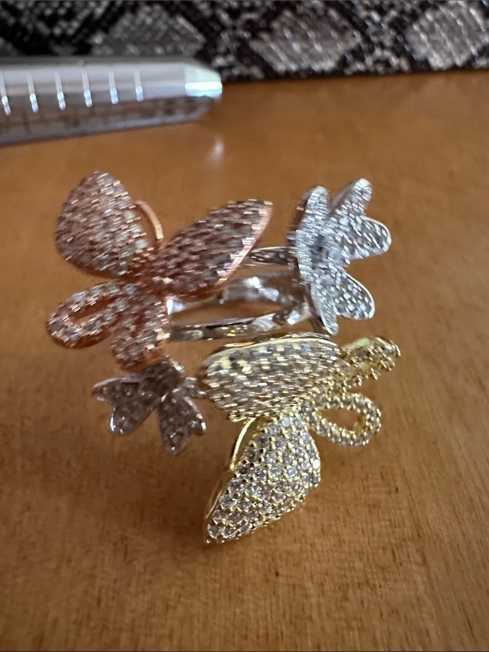 Multi-Tone Pave Butterfly Cluster Ring Sterling 925 Silver Size 9